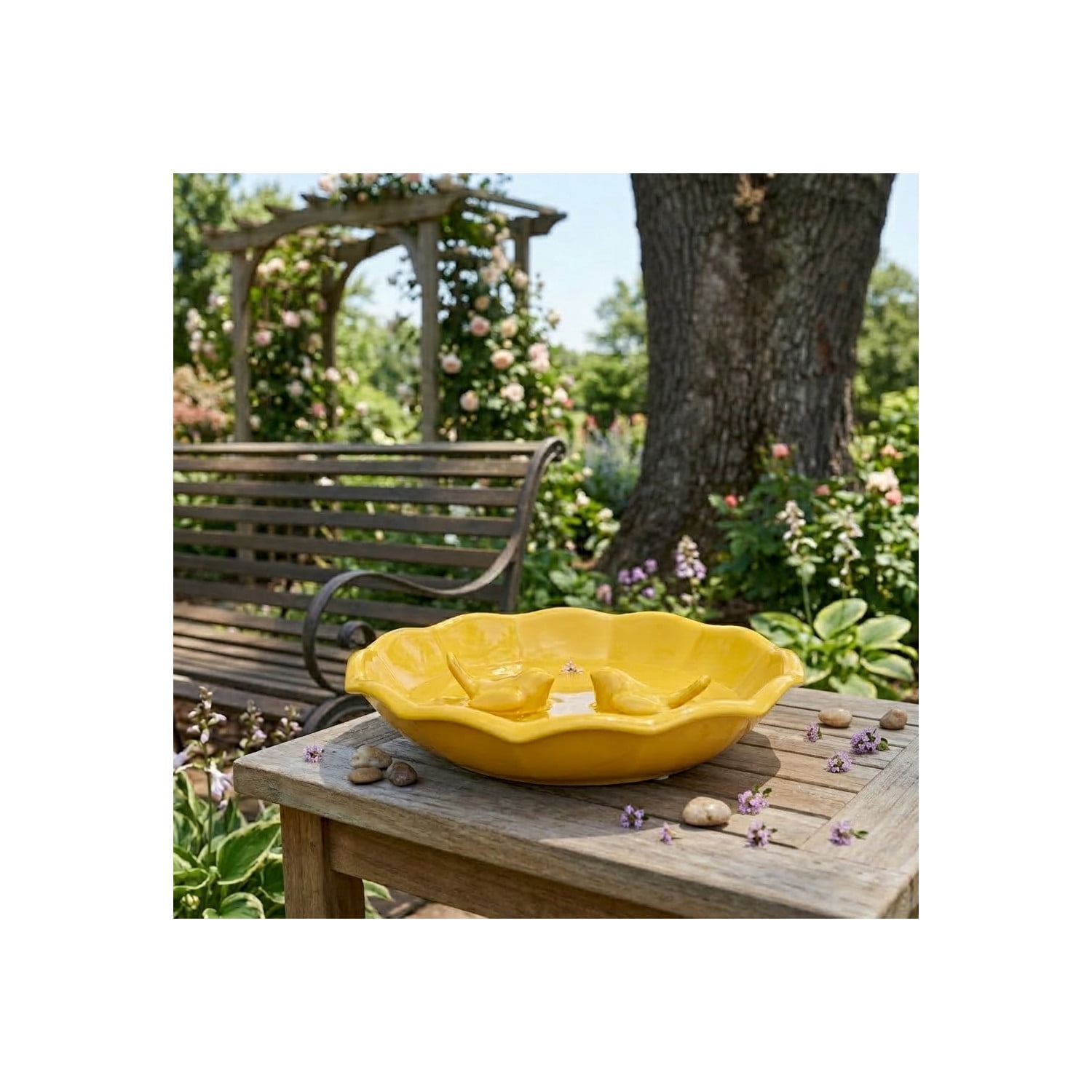 Ceramic Bird Feeder for Outdoors - Flower Bowl Bird Bath Style, Floor Bird Feeder for Garden and Yard Tabletop or Ground - Decorative Accent for Feeding Wild Birds in Outdoor Spaces - 2", Yellow