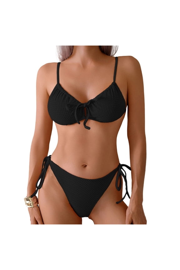 Womens Bikini Sets Two Piece Lace up Split Swimsuit Bikini Beach Hot Spring Two Piece Swimsuit Set Black
