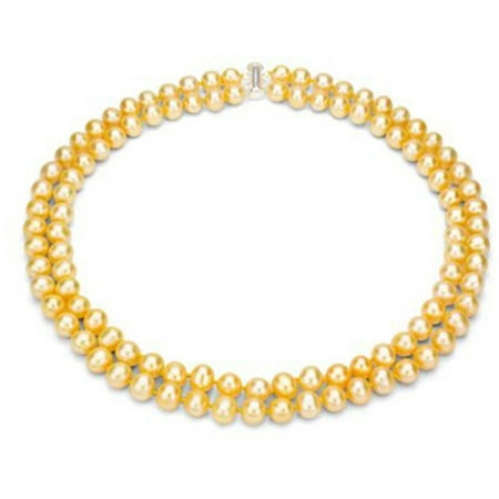 Golden Freshwater Pearl Necklace for Women, Sterling Silver 2 Row 17 & 18 9mm x 10mm