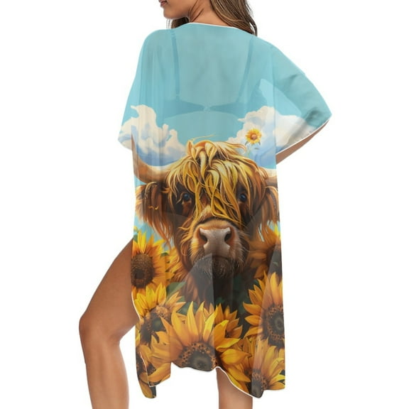 DISNIMO Cattle Sunflower Print Women's Kimono Cardigan Swimsuit Cover Ups Summer Beach Cover Up Long Lightweight Bikini Cover Up for Vacation