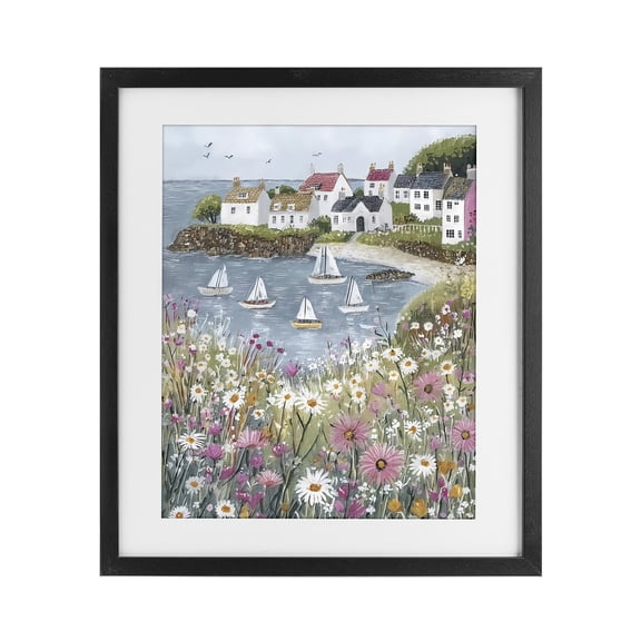 Stupell Industries Seaside Sailboats in Village Bay Black Framed Print Under Glass, design by Riley B