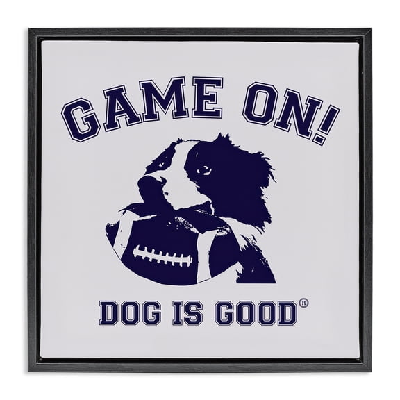 Stupell Industries Game On Dog & Football Animals Painting Black Floater Framed Canvas Art Print Wall Art, 18 x 18