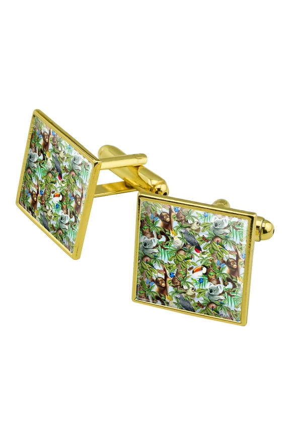 Animal Tree of Life Monkey Koala Toucan Pattern Square Cufflink Set - Silver or Gold
