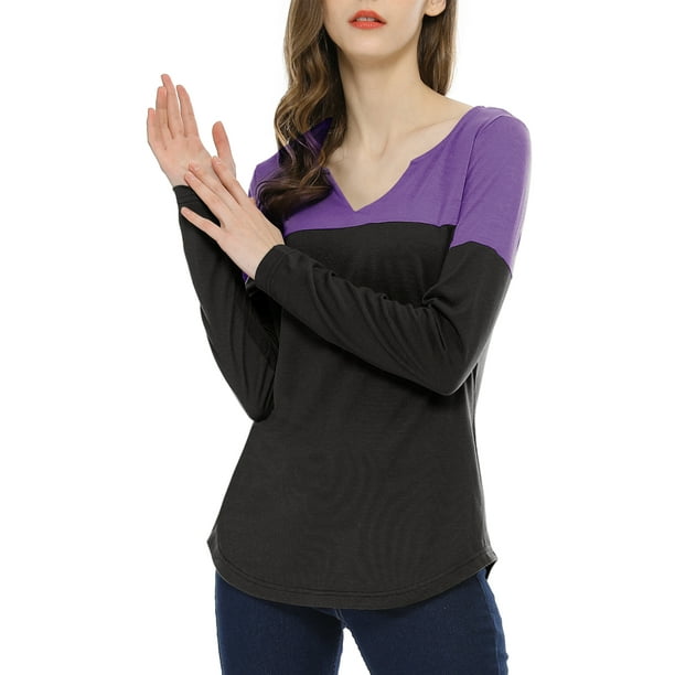 Camiseta casual de color bloque de manga larga con escote en V para mujer INSPIRE CHIC XS púrpura