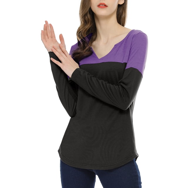 Camiseta casual de color bloque de manga larga con escote en V para mujer INSPIRE CHIC XS púrpura