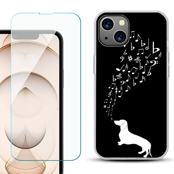 Slim-Fit Flexible TPU Gel Phone Case for iPhone 13, with Tempered Glass Screen Protector, by OneToughShield ® - Dachshund/Puppy Music