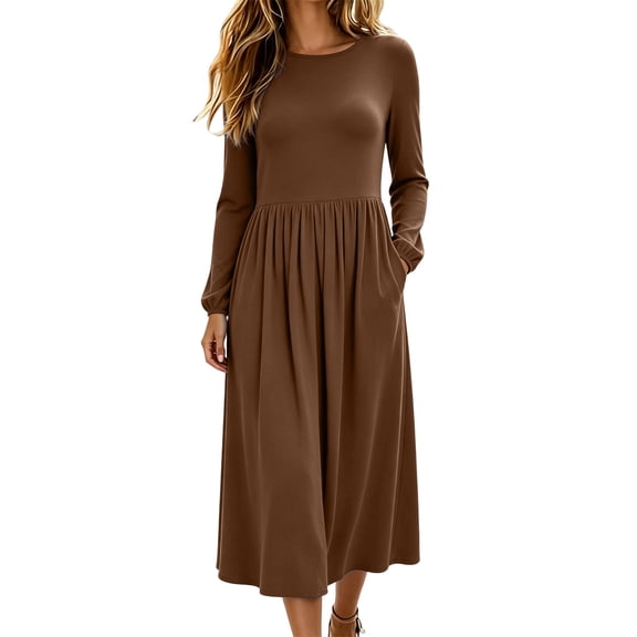 CHGBMOK Fall Maxi Dress for Women Long Sleeve Crew Neck Pleated High Waisted Dresses with Pockets