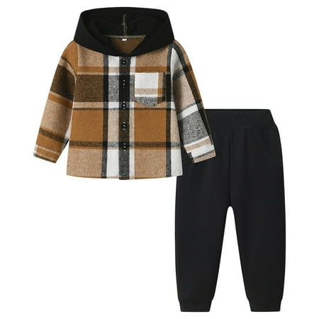 UYYX Toddler Boy Clothes Toddler Boy Outfits 4T Toddler Boy Clothes Plaid Hooded Shirt - 2 Piece Outfit: Button Front Toddler Hoodie & Sweatpants Set