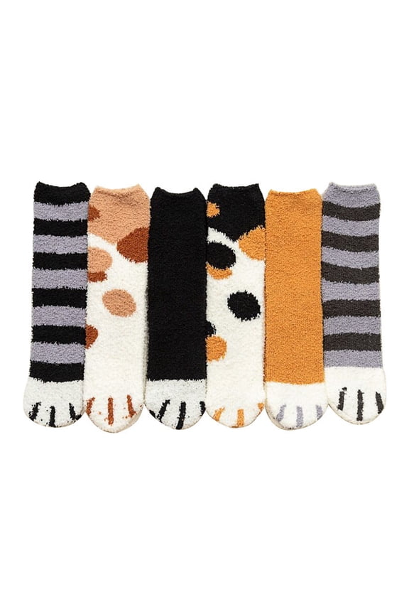 6 Pairs Cute Cat Paw Socks Women Fuzzy Socks Soft Fluffy Slipper Socks Sleeping Warm Socks Christmas Gift for Girls