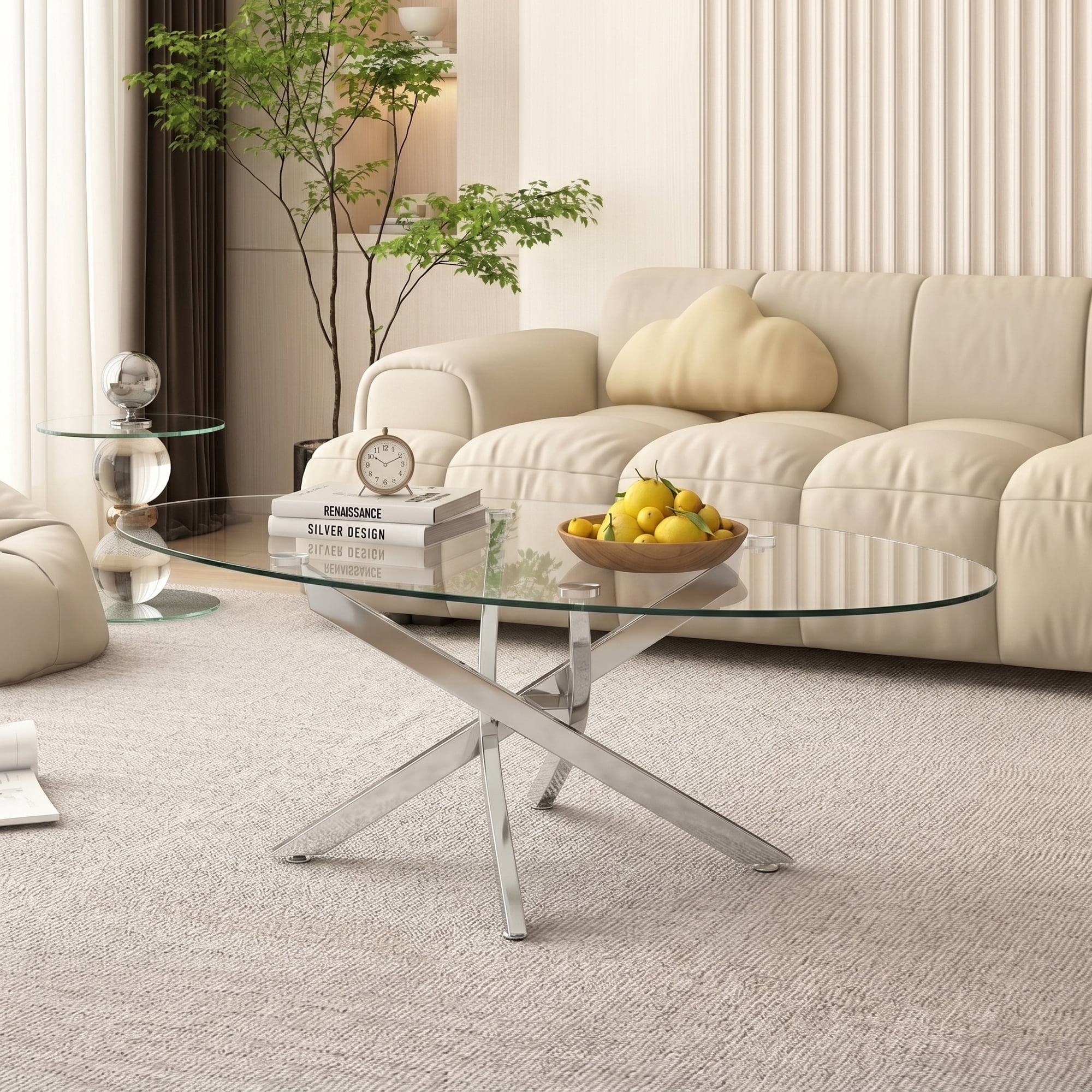 Oval Coffee Table with Tempered Glass Top and Silver Metal Legs, Modern Side Table and Tea Table for Living Room, 39.37 Inch, Silver
