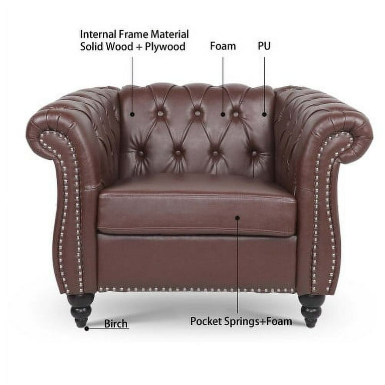 Chesterfield PU Leather Accent Chair Upholstered Single Sofa Chair Comfy Club Armchair with Nailheads and Solid Wood Legs Tufted Lounge Chair for Home