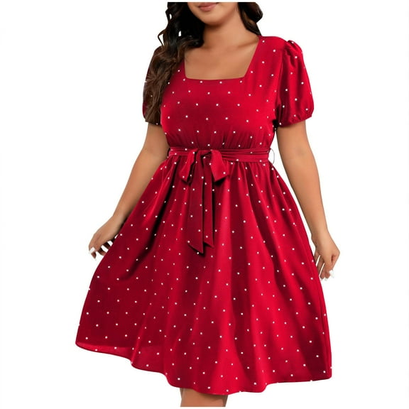 Ecqkame Women's Plus Size Dresses Elegant Vintage Polka Dots Print Tie Front Square Neck Flowy Hem Midi Dress Red L