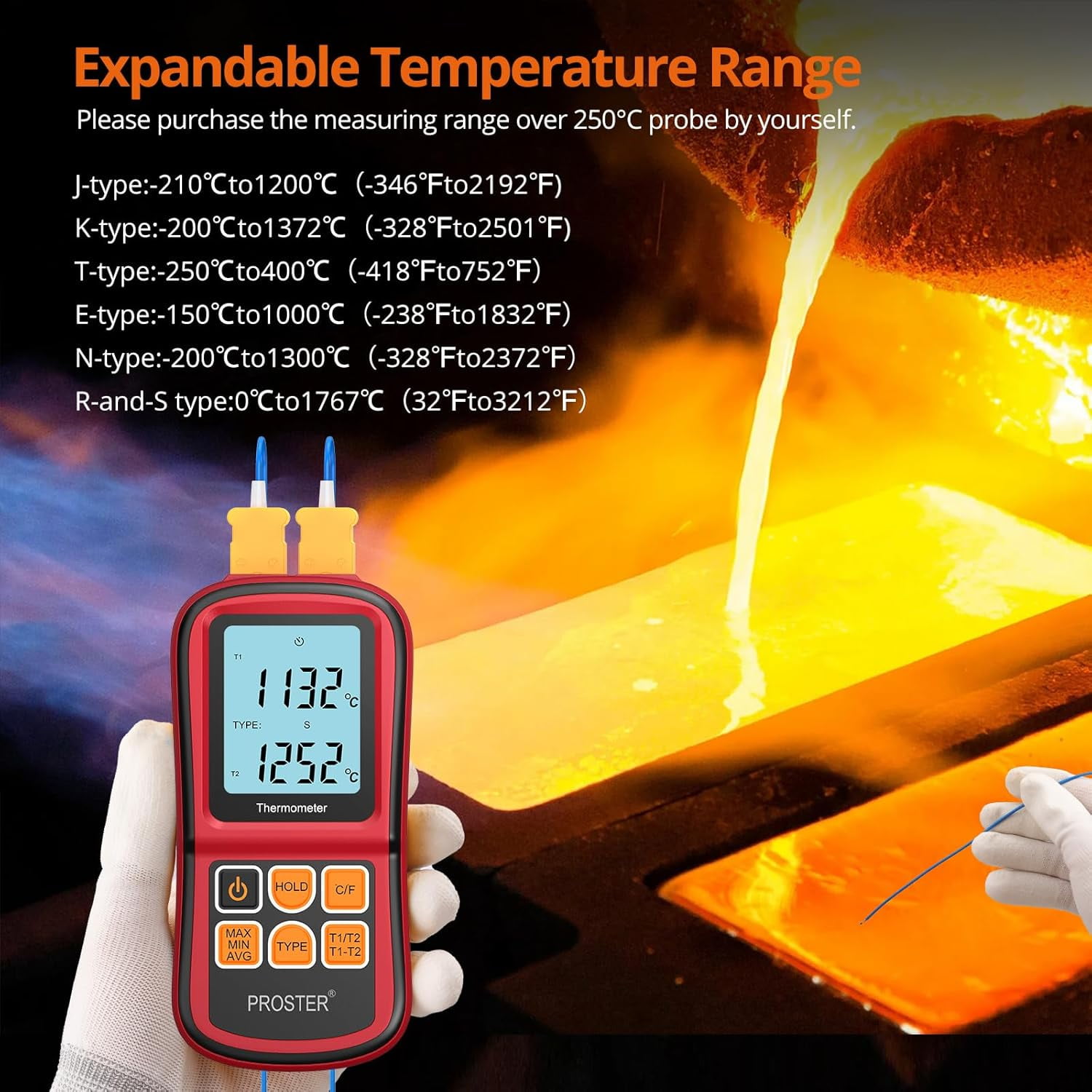 Proster Digital Thermocouple Temperature Thermometer Dual Channel - with Two K-Type Thermocouple Probe, Backlight LCD Thermometer for K J T E R S N Type
