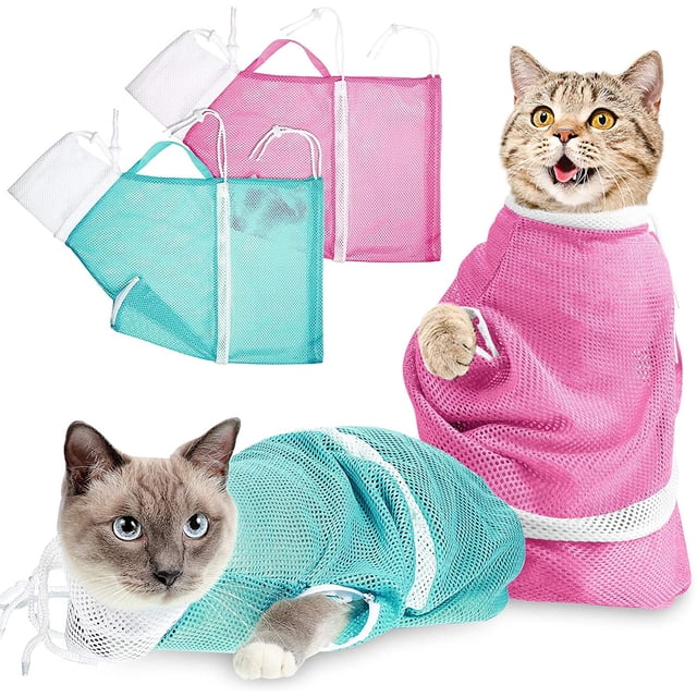 2-Piece Cat Bath Bags Cat Bath Mesh Bag Anti-Bite Anti-Scratch Restraint Bag Adjustable Multifunctional for Bathing, Nail Trimming, Pet Checking, Keeping Pets Calm