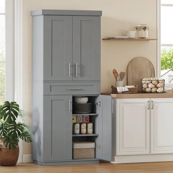 HOMCOM Tall Kitchen Pantry Freestanding Cabinet Cupboard with Doors and Drawer, Adjustable Shelving, Gray
