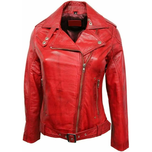 Womens Genuine Red Lambskin Leather Jacket Motorcycle Biker Leather Jacket W461