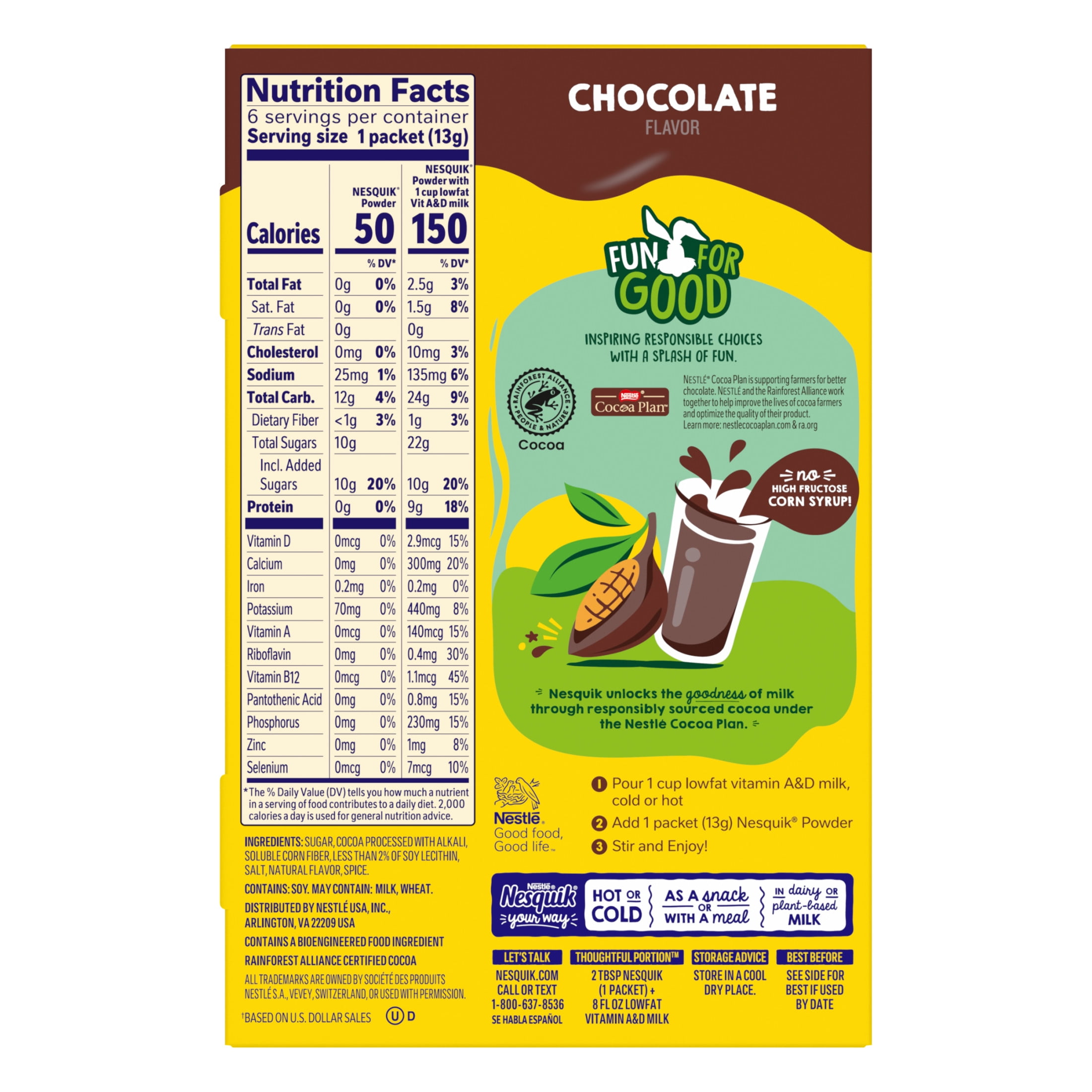 Nesquik Chocolate Powder, Chocolate Milk Mix, Single Drink Mix Packets, 6 Packets