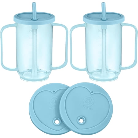 JJEAN-Adult Sippy Cups for Elderly 12 oz Straw Sippy Cups with 2 Handles No Spill for Adults Spill Proof Dysphagia Cup for Disabled Patients(Light Blue)