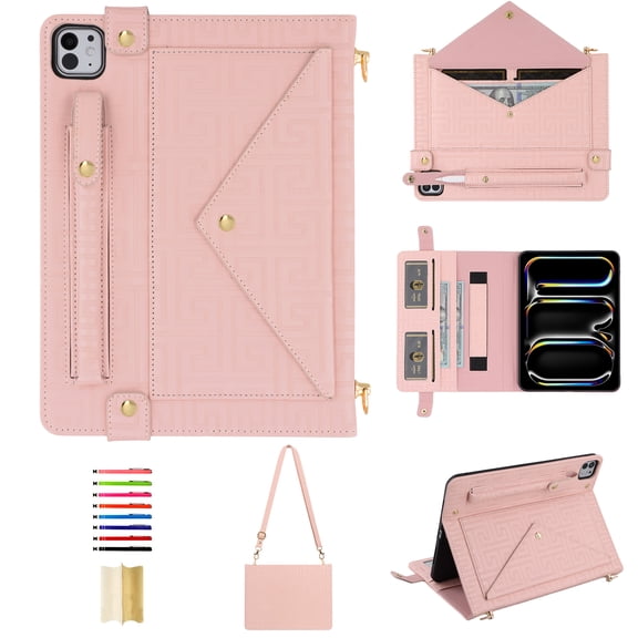 for iPad Pro 11" 2022/2021/2020/2018 Crossbody Case with Card Slots & Stand & Lanyard & Wristband & Pencil Slot, Vintage Labyrinth Pattern Wallet Envelope Cover for iPad Air 11" 2024/Air4/Air5, Pink