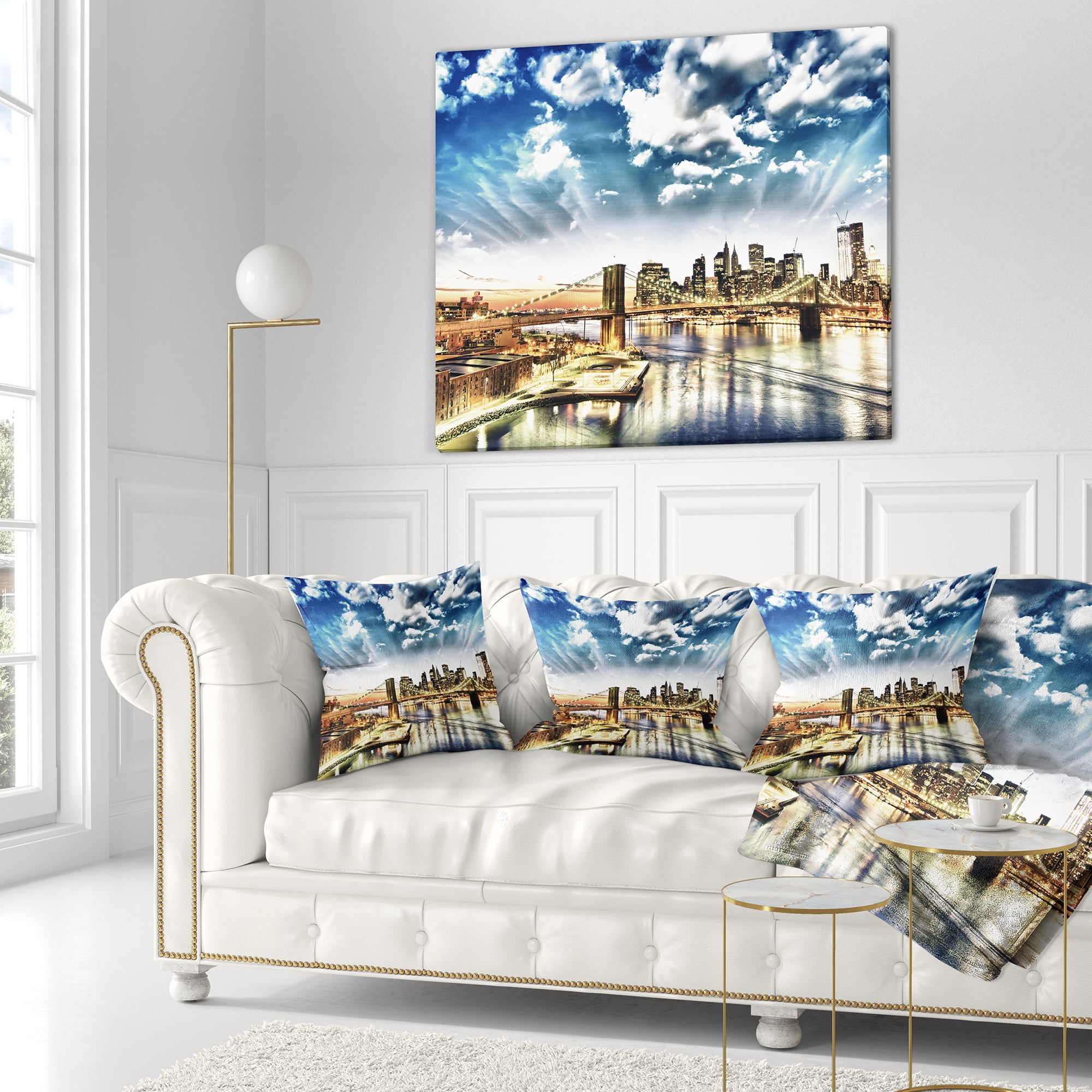 Designart Winter Clouds Over Manhattan - Cityscape Photo Throw Pillow - 18x18