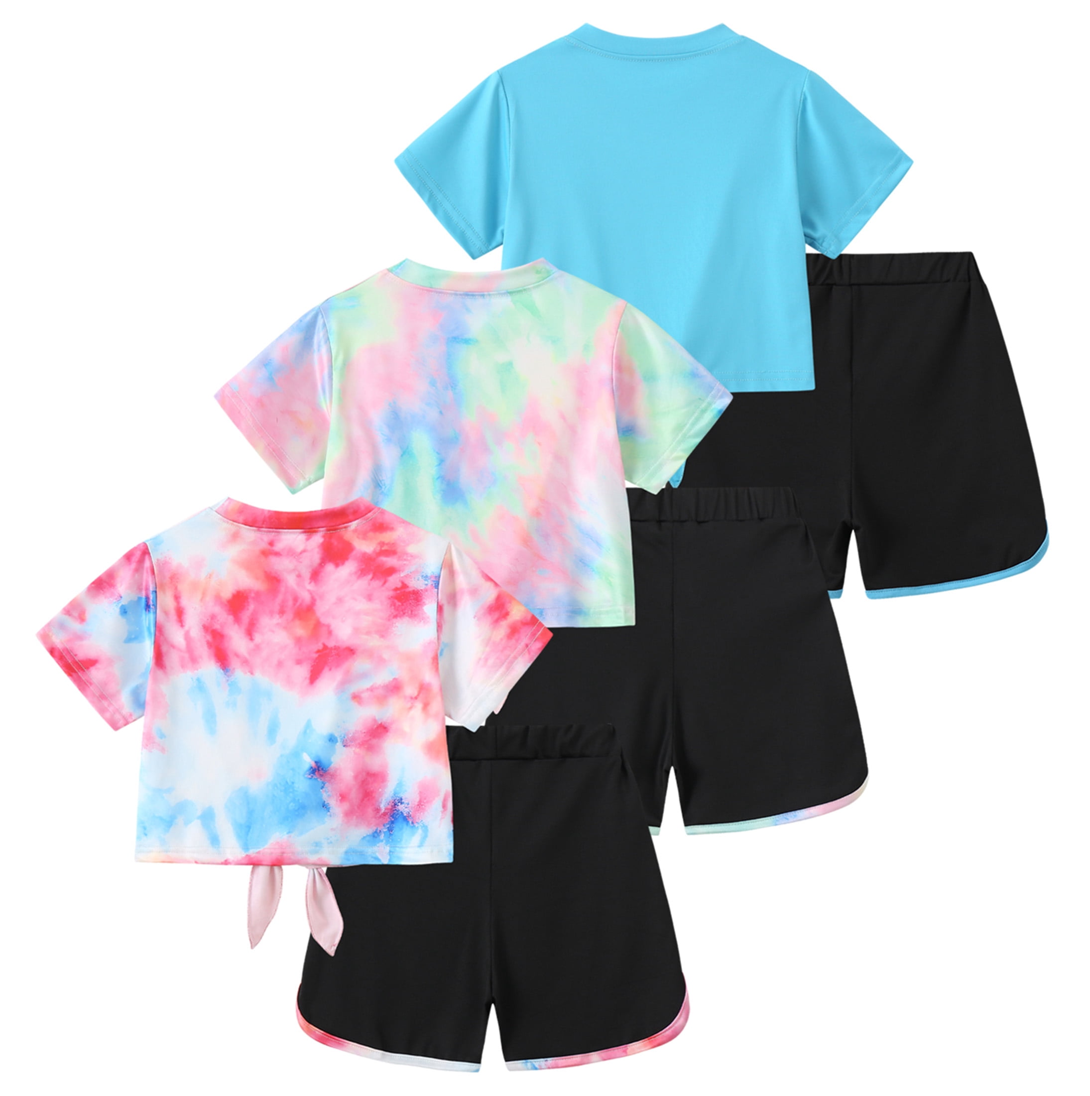 Jolyshlid Girls Summer Outfits 6 Piece Set Tie Dye Heart Print Short Sleeve Tops and Shorts Set Casual Clothing for Kids,Colorful Blue Red,13-14 Years