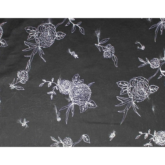 Embroidered Flowers Floral Vines Single Border Silver Embroidery on Black Medium Weight Cotton Fabric by the Yard (PFF-0329)