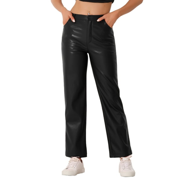 Pantalones de cuero sintético Daring Diva para mujer, de cintura alta, pierna recta, estilo punk, PU, talla S, color negro