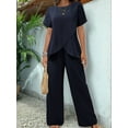 thumbnail image 2 of Womens Summer 2 Piece Outfits Short Sleeve Casual Round Neck Wide Leg Long Pants Suit Set Navy M, 2 of 5
