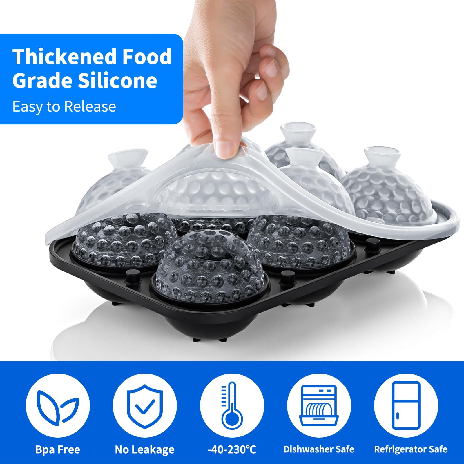 6 Chamber 2.2" 3d Golf Gifts Ice Cube Tray With Funnel Large Round Ball Maker Mold Silicone Fun Shapes Sphere Molds For Chilling Brandy And Beverages