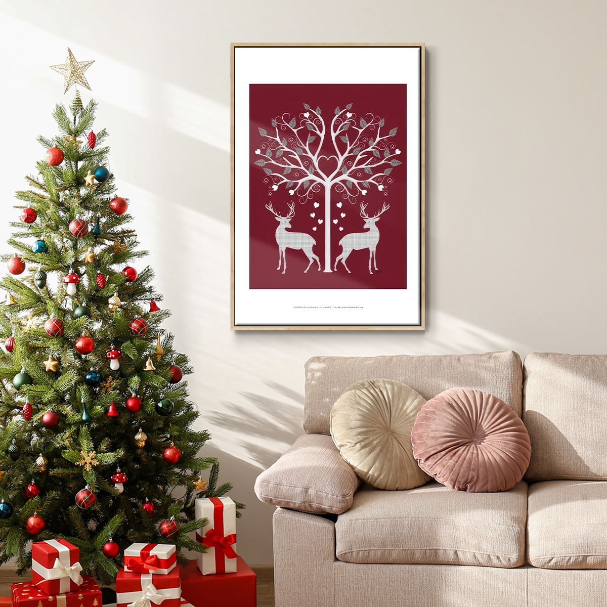 Christmas Des - Deer and Heart Tree, Grey on Red - Framed Gallery Wrapped Holiday Canvas - 25 x 37 - Natural Wood Frame