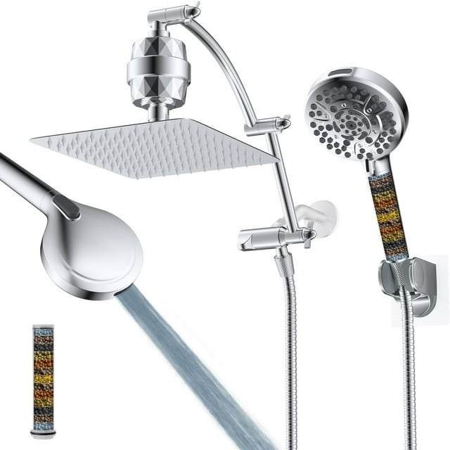 Pommeau de Douche Tout en Métal ‘‘ Pommeau de Douche Haute Pression Pluie / Combo Pommeau de Douche à Main avec ‘‘ Bras Extensible Réglable en Arc ‘‘ Support de Pommeau de Douche Adhésif Chrom