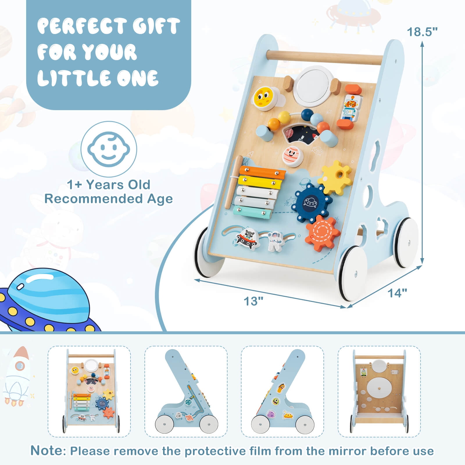 Infans Wooden Baby Walker Push and Pull Learning Activity Center with Wheels Push Toy