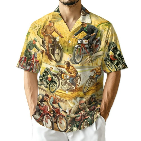 Netecom Motorcycles Hawaiian Shirt for Men, Vintage Style, Button Down Summer Beach Short Sleeve, S-5XL