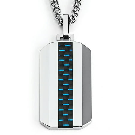 Tungsten Carbide Men's Dog Tag With Black and Blue Carbon Fiber Inlay, FREE 24 Curb Chain