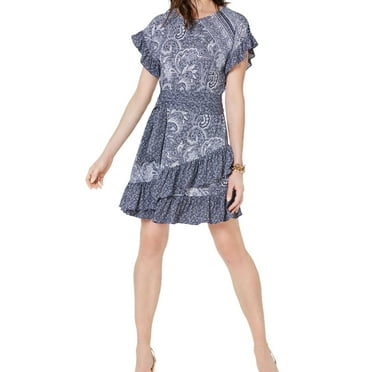 Michael Kors Womens Paisley Wrap Ruffled A-line Dress, Blue, Petite, PL
