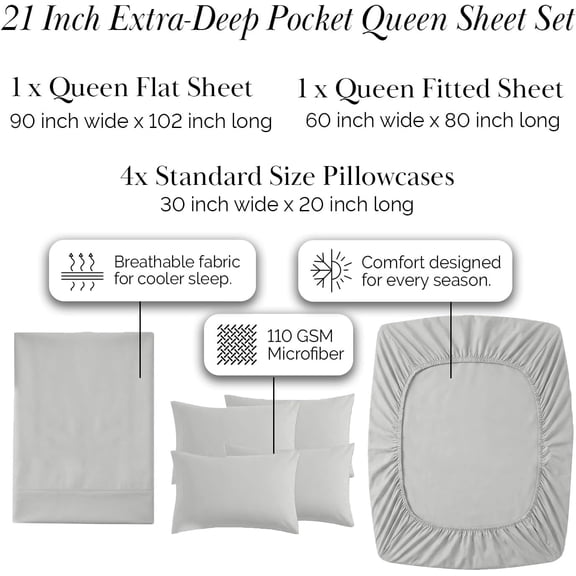Queen Bed Sheet Set - 6 Piece Extra Deep Pocket Microfiber Hotel Quality Sheets Light Grey
