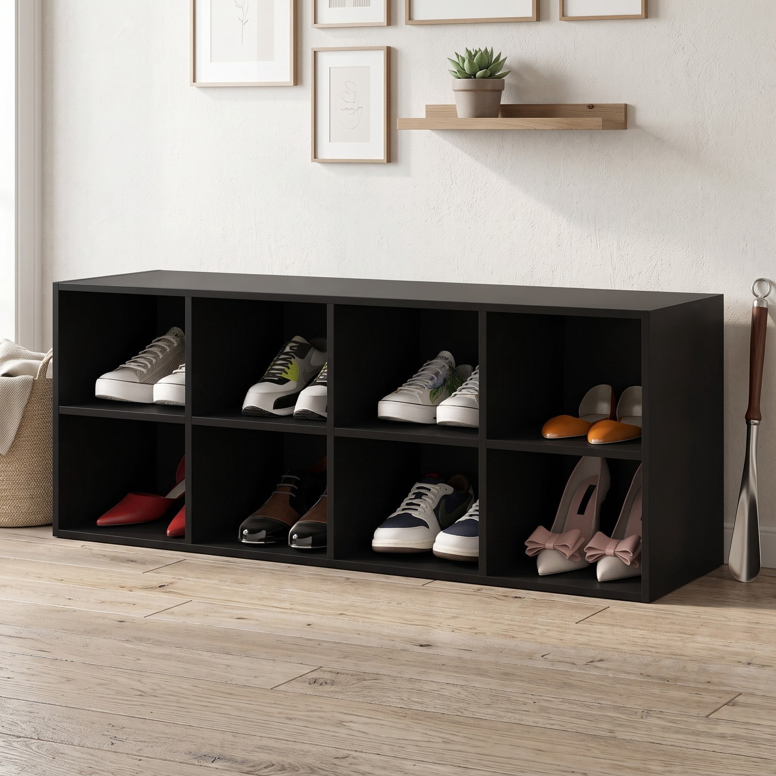 Furnibear 8-Cubby Shoe Organizer Bench with 500 lbs Weight Capacity and Open Storage Cabinet for Entryway and Hallway, Black