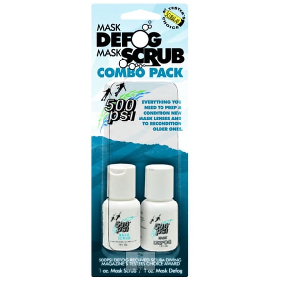 500psi Scuba & Snorkel Mask Care Pack: Defog & Mask Scrub