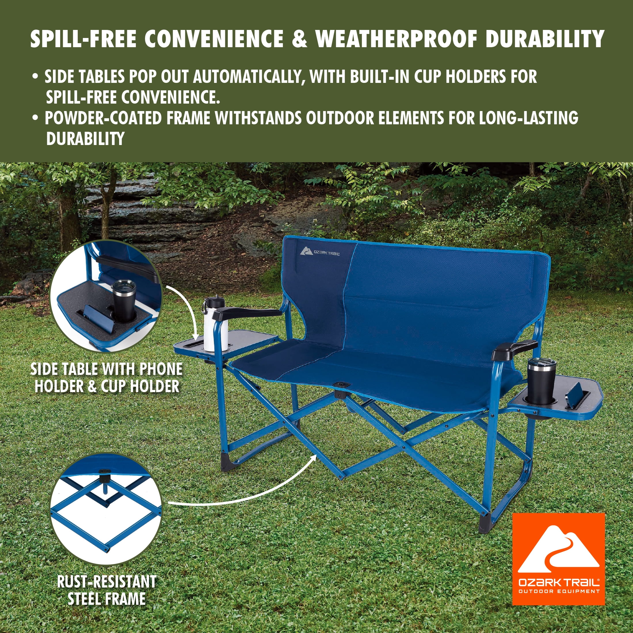 Ozark Trail Director's Camping Loveseat with Side Tables, Blue
