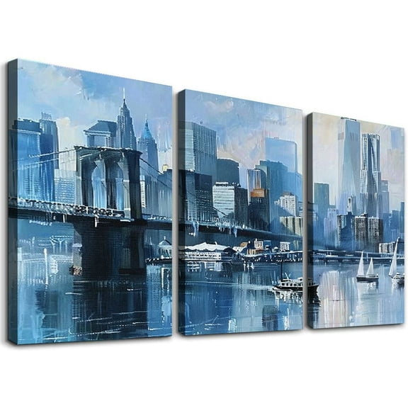 JRXY City Canvas Wall Art Abstract Cityscape Brooklyn Bridge, Skyline Picture Sailboat Blue Print Textured Artwork Framed for Living Room Bedroom Kitchen Office Home Decor,3 pcs 12x16x3pcs