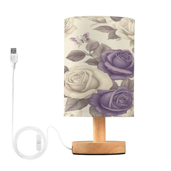 WOBOGO Purple White Flowers Pattern Bedroom Table Lamp USB Power Connector Wooden Base Round Linen Shade For Living Room Desk