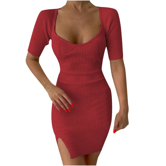 Bigersell Womens Robes d'Été à Manches Courtes pour Femmes, Été, Décontracté, Col Rond, Uni, Mini-Robe à Manches Courtes, Robe Maxi pour Femme, Robes T-Shirt Régulières, Style 22355, Rouge P