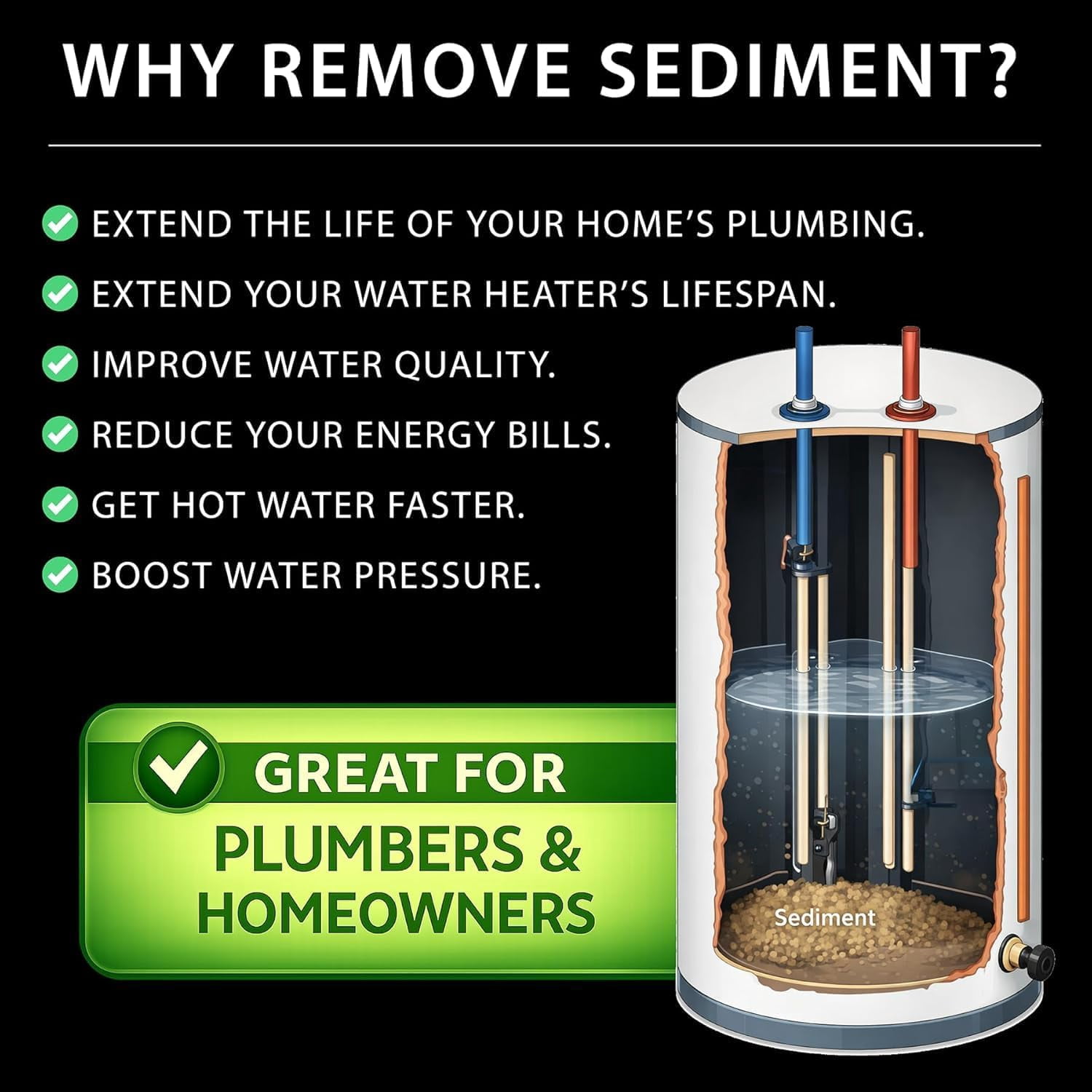 EZVac Sediment Gone™ Water Heater Sediment Removal Tool – Flushes, Cleans & Breaks Up Sediment Clogs in Electric or Gas Water Heaters – Easy DIY Water Heater Cleaning Tool