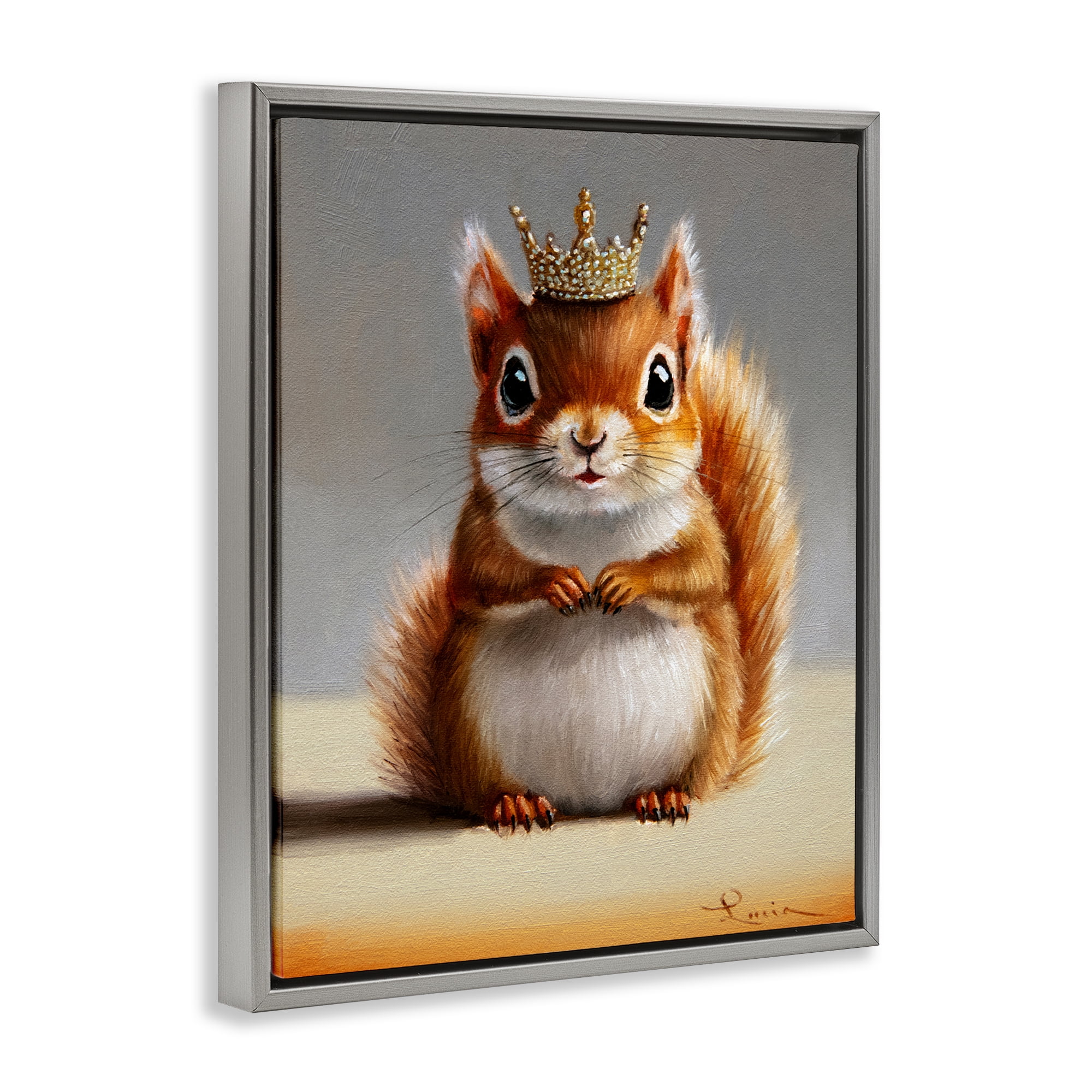 Fancy Crowned Squirrel Gray Framed Floater Canvas Wall Art, design by Lucia Heffernan