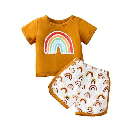 

Calsunbaby Newborn Baby Girls Outfits Set Short Sleeve Letter Printed Tops T-Shirt Shorts Summer Clothes Set Yellow 9-12 Months