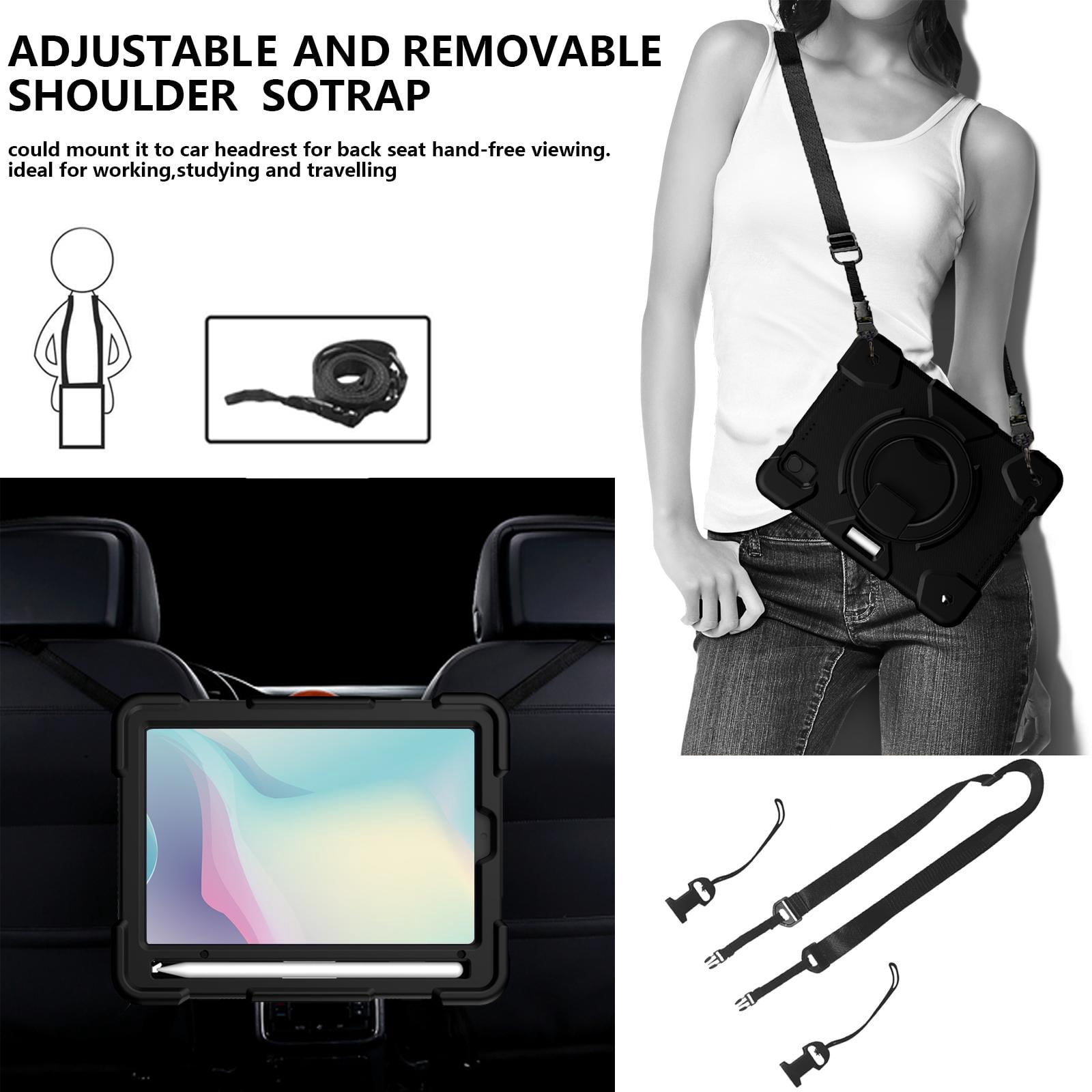 Allytech iPad mini 6th Gen Case Kids, Shoulder Strap Kickstand Heavy Duty Shockproof Handle Hybrid PC TPU Rugged Protective Pencil Holder Case Cover for Apple iPad mini 6 8.3" 2021 -Black