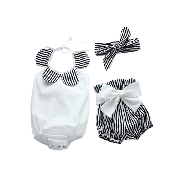 stylesilove Infant Baby Girl Flower Neckline Design Sunsuit Romper and Stripe Shorts With Headband 3 Pcs Set (90/6-12 Months)