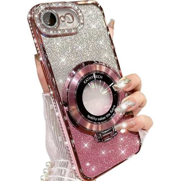 for iPhone 16e Magnetic Ring Stand Case Compatible with MagSafe, Cute Bling Sparkly Phone Cover with Crystal Diamonds Rhinestone Case with Camera Lens Protector for iPhone 16e 6.1" (Pink)