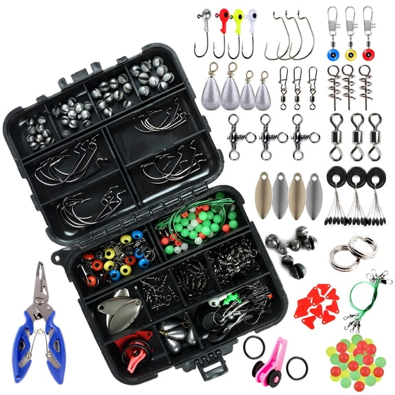 BESTSKY 188pcs Fishing Accessories Kit with Tackle Box Pliers Jig Hooks Swivels Snaps Sinker Sliders Beads