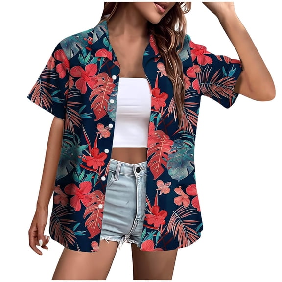 DHFJKG Women's Baggy Lapel Shirt Short Sleeve Summer Floral Print Button Down Beach Hawaii Vacation Clothes Trendy Tops
